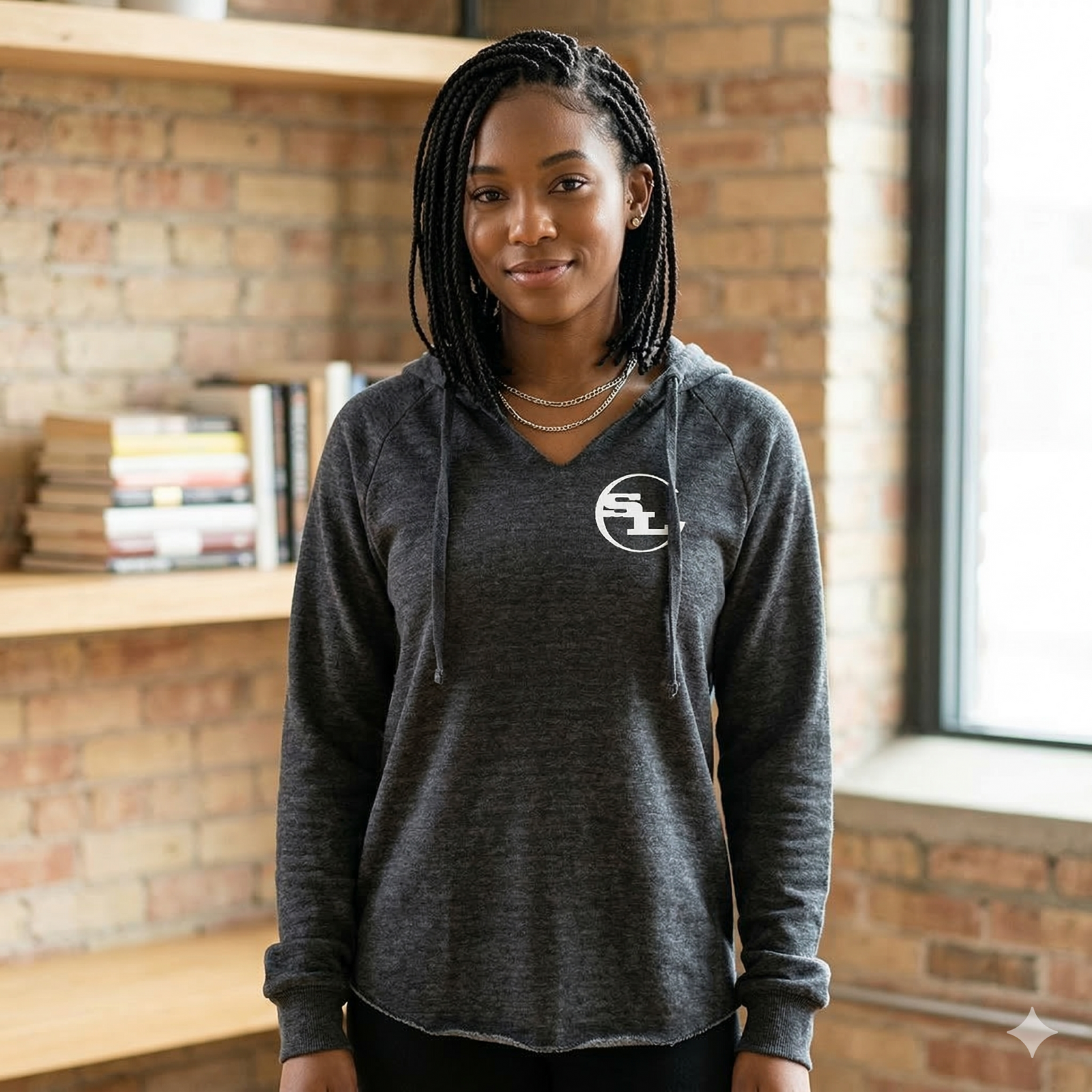 Gray SLC™ hooded sweatshirt from Something Light Clothing with a front pocket and adjustable drawstrings, casual streetwear style.
