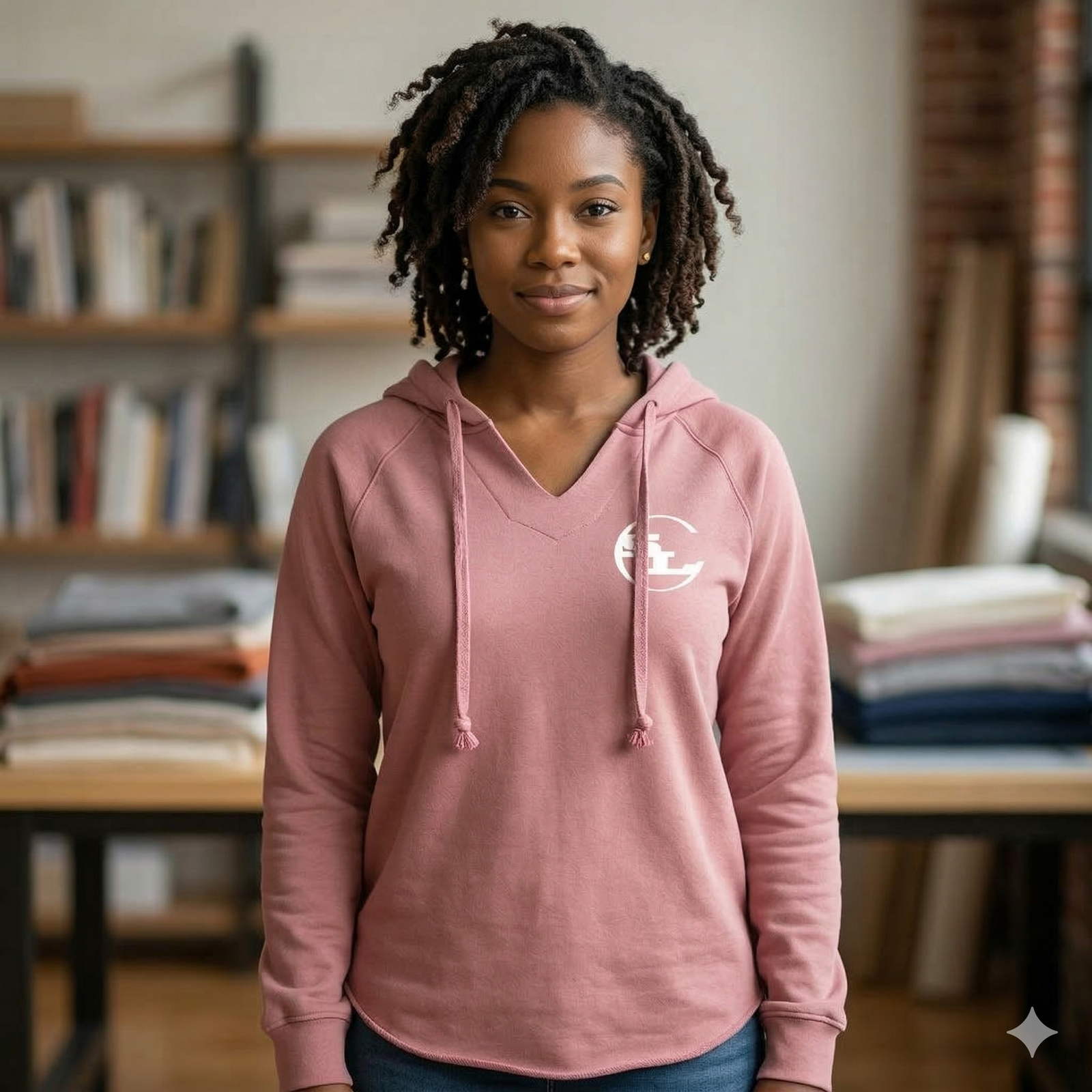 Gray SLC™ hooded sweatshirt from Something Light Clothing with a cozy hood and relaxed fit, displayed on a plain background.