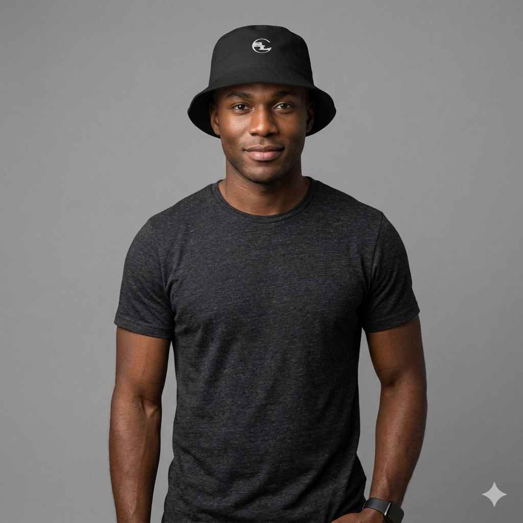 Nylon bucket hat from Something Light Clothing featuring a casual, wide-brim design in a neutral color.