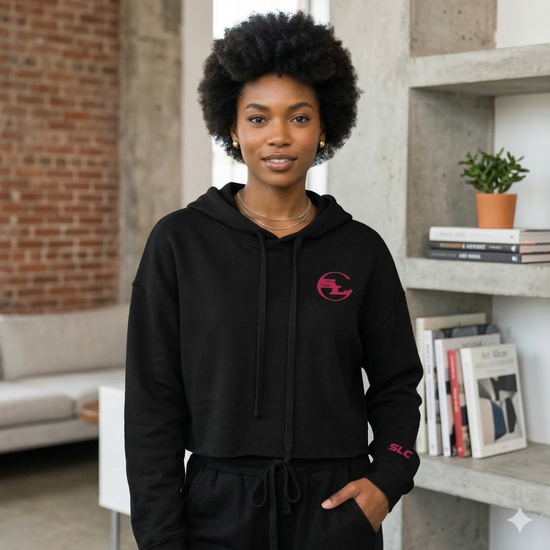 Gray SLC™ Crop Hoodie by Something Light Clothing, featuring a relaxed fit and soft fabric, displayed on a plain background.