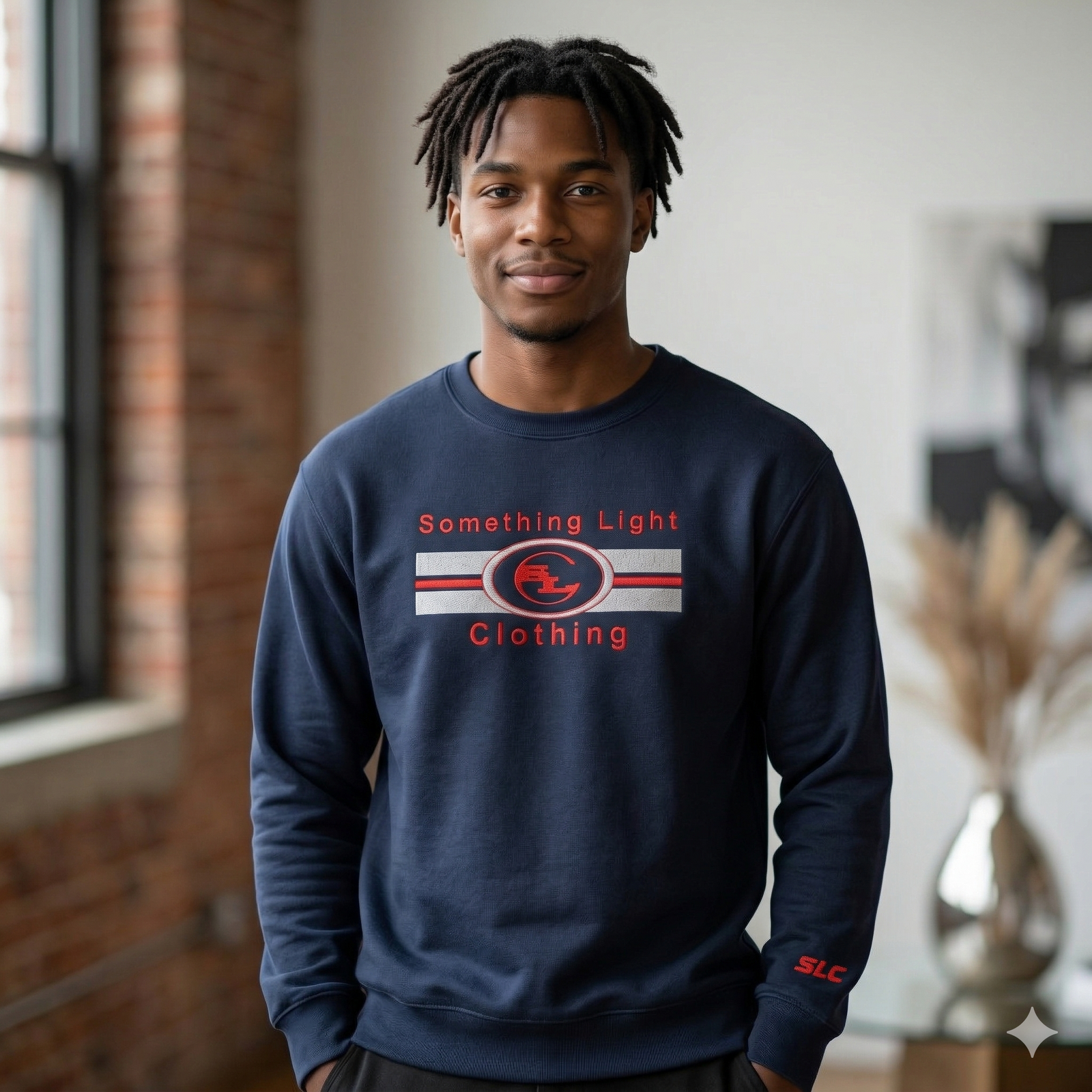 Gray chest logo sweatshirt from Something Light Clothing featuring a minimalist design and comfortable fit.