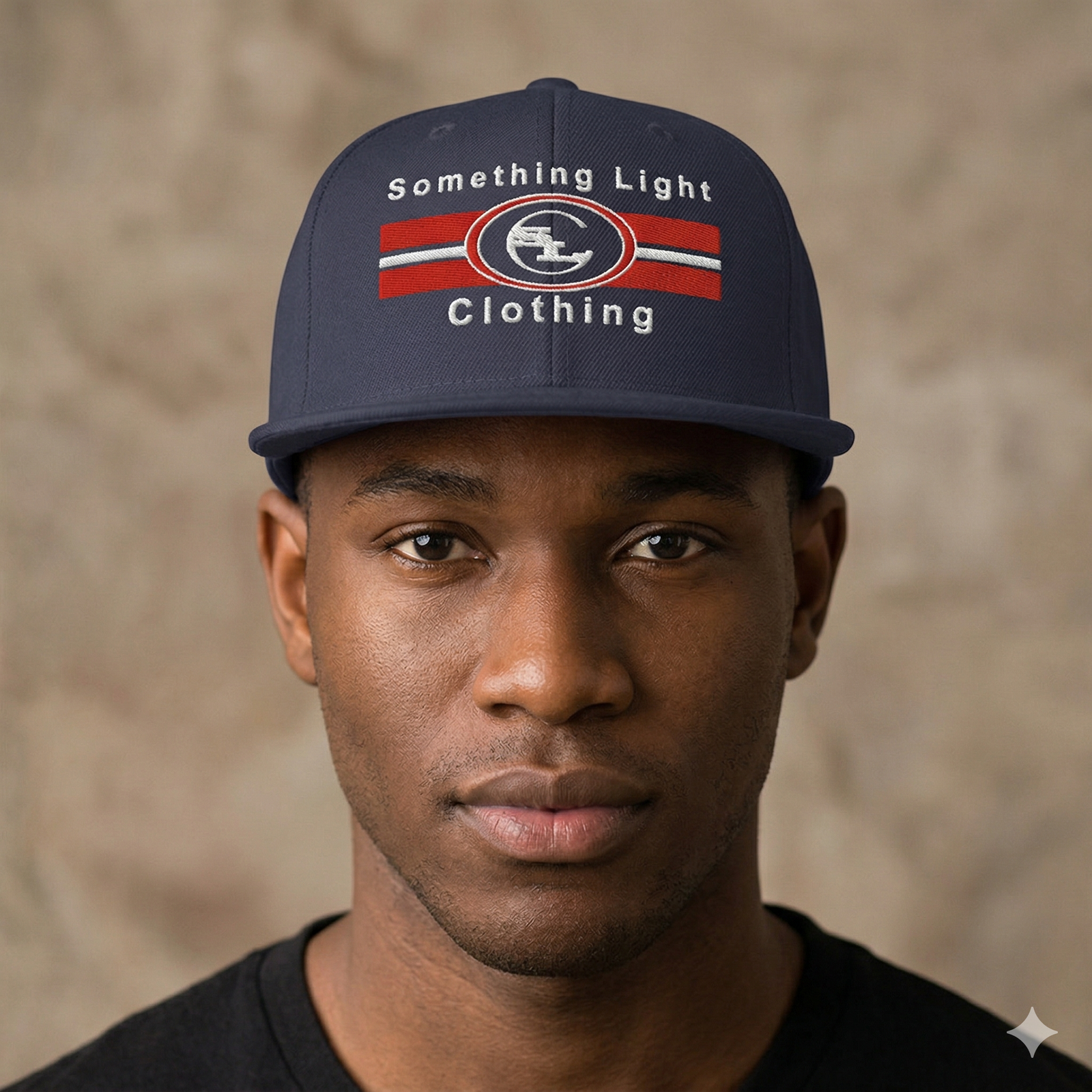 Gray Snapback SLC™ hat from Something Light Clothing featuring a structured crown and flat brim, with a stylish embroidered logo.