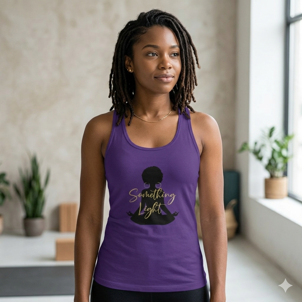Light gray SLC™ Ideal Racerback Tank top from Something Light, shown on a model with a fitted sleeveless design.