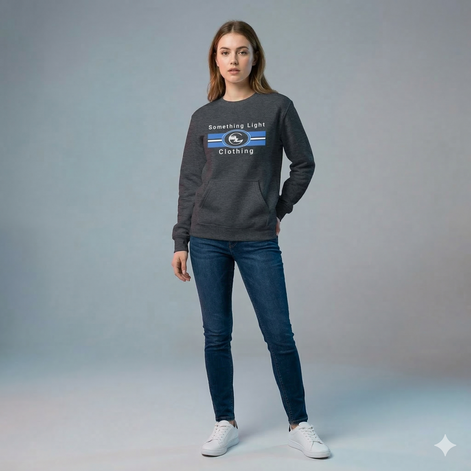 Gray SLC™ Pocket Sweatshirt by Something Light Clothing featuring a front pocket and a relaxed fit.
