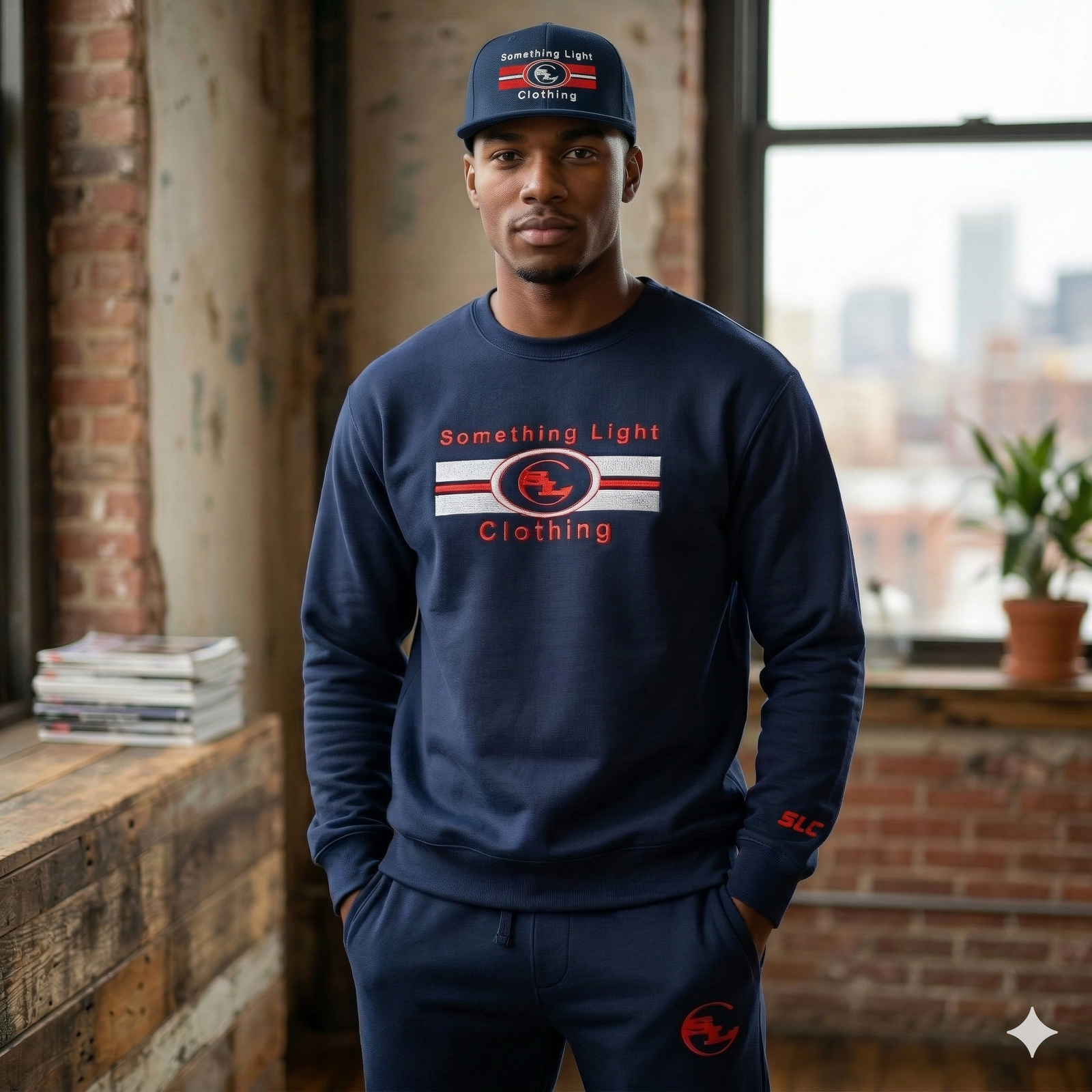 Black Snapback SLC™ hat with flat brim and adjustable strap, featuring a minimalist design by Something Light Clothing.