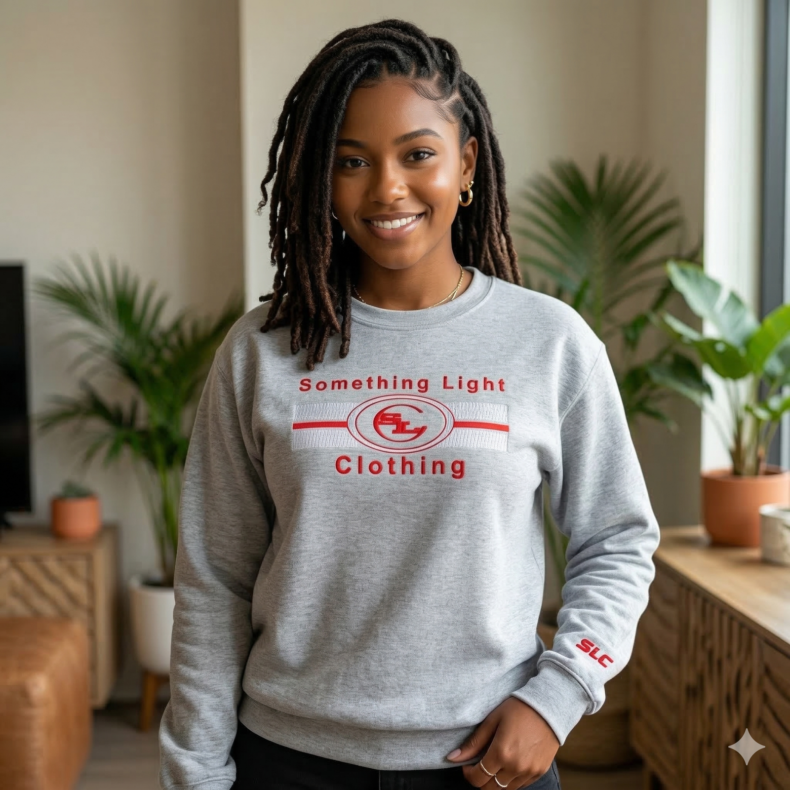 Light gray SLC™ embroidered sweatshirt with subtle branding and comfortable crewneck design, perfect for casual wear.
