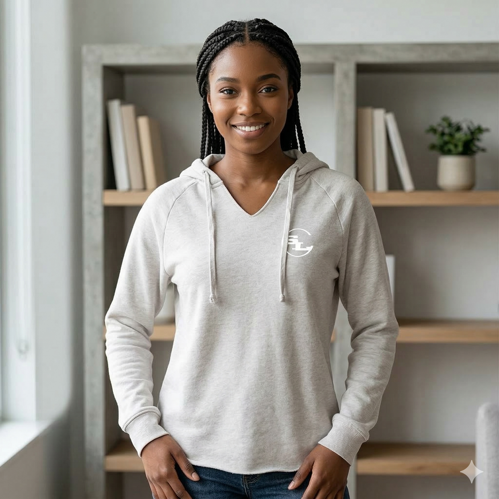 Gray SLC™ Hooded Sweatshirt from Something Light Clothing, featuring a relaxed fit and adjustable hood, displayed on a hanger.