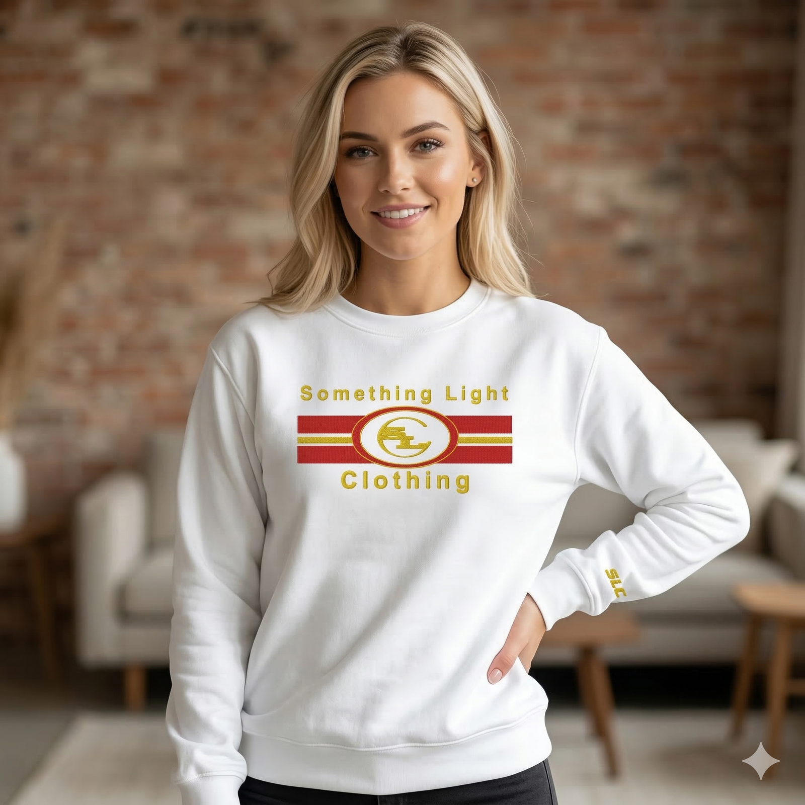 Embroidered SLC™ Sweatshirt from Something Light Clothing, featuring a cozy fit and detailed embroidery on the front.