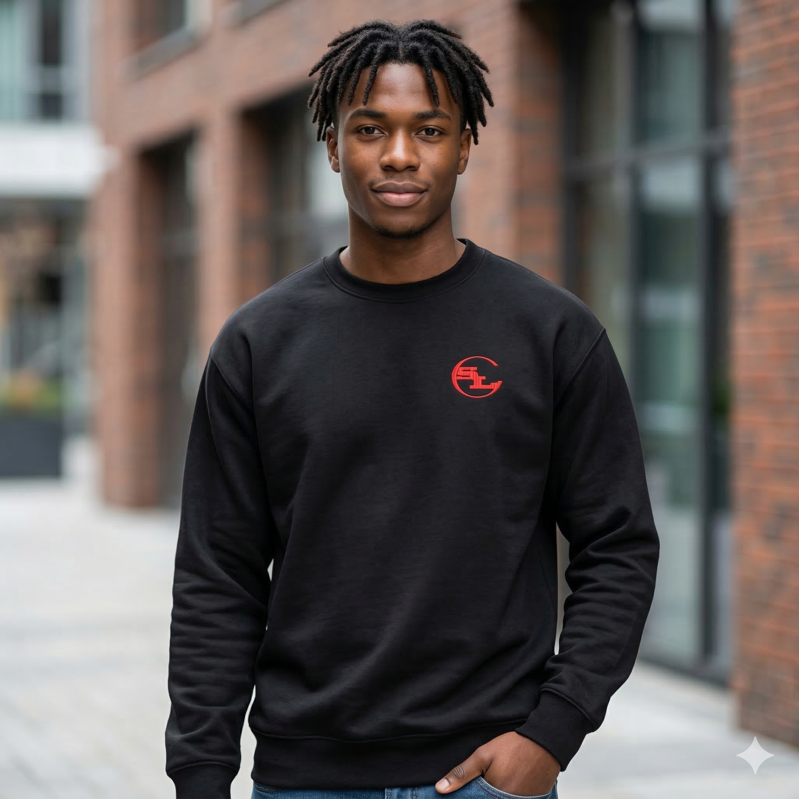 Gray SLC™ Premium Sweatshirt by Something Light Clothing with a comfortable fit and casual style, shown on a model.
