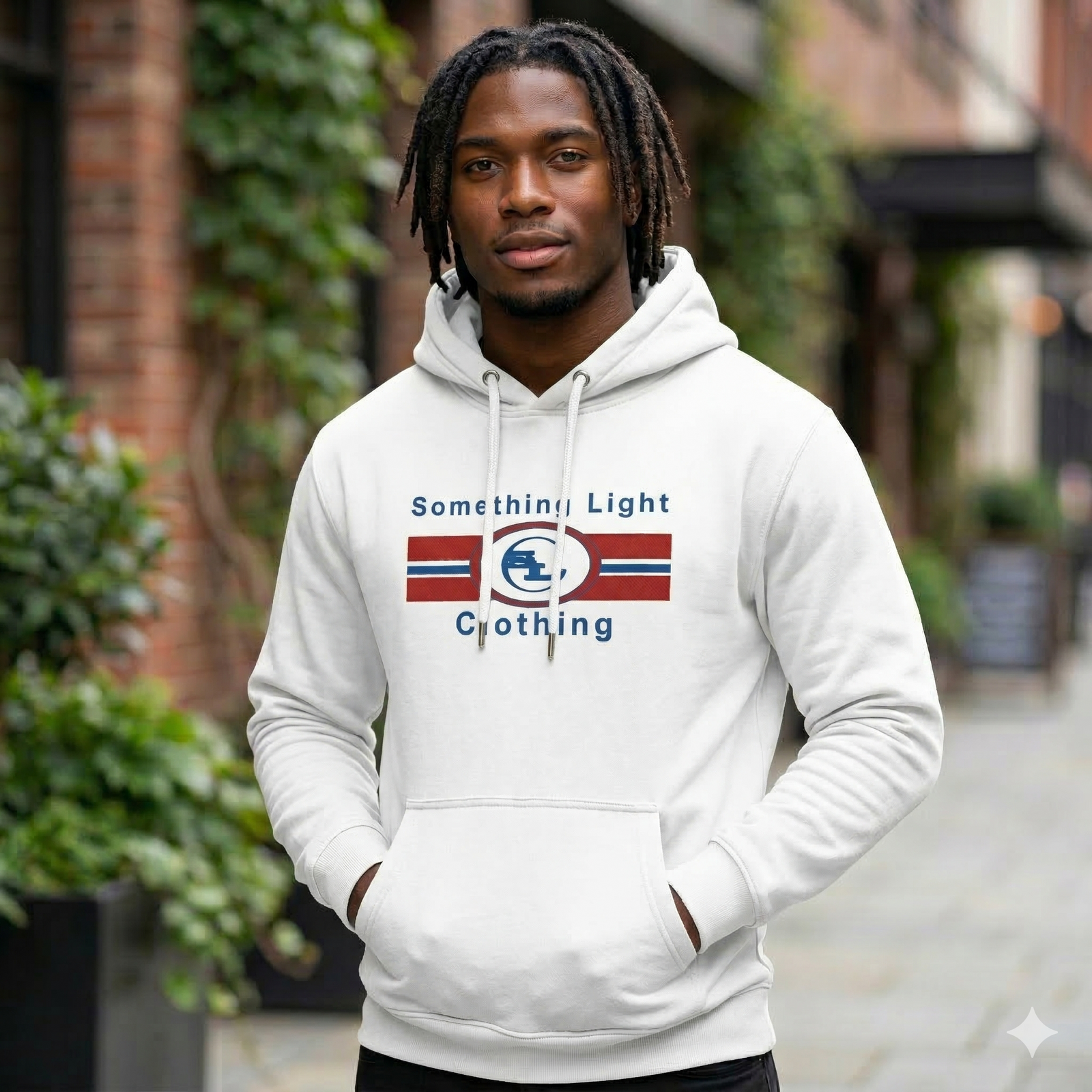 Gray chest logo hoodie from Something Light Clothing, featuring a stylish graphic design on the front.
