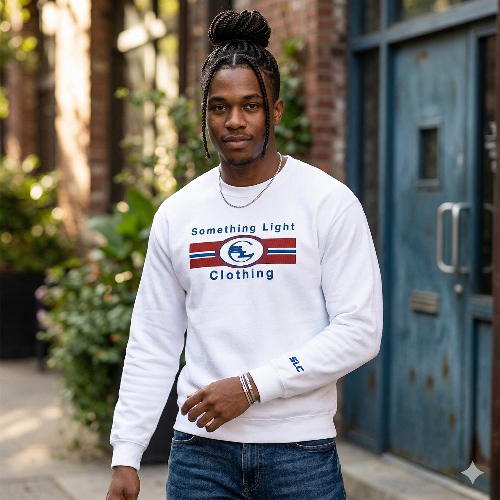 Light gray chest logo sweatshirt from Something Light Clothing featuring a stylish Gemini-themed graphic on the front.