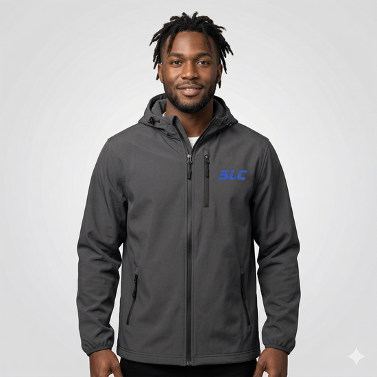 Grey SLC™ Poly-Tech Soft Shell Jacket from Something Light Clothing, showcasing its sleek design and soft, durable fabric.