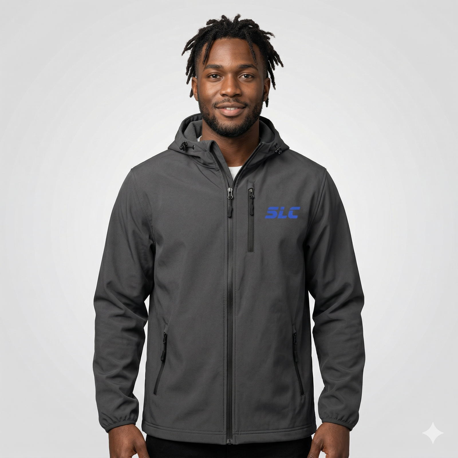 Grey SLC™ Poly-Tech Soft Shell Jacket from Something Light Clothing, showcasing its sleek design and soft, durable fabric.