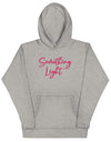 Front view of a grey SLC premium ladies hooded sweatshirt featuring a kangaroo pocket and matching drawstrings