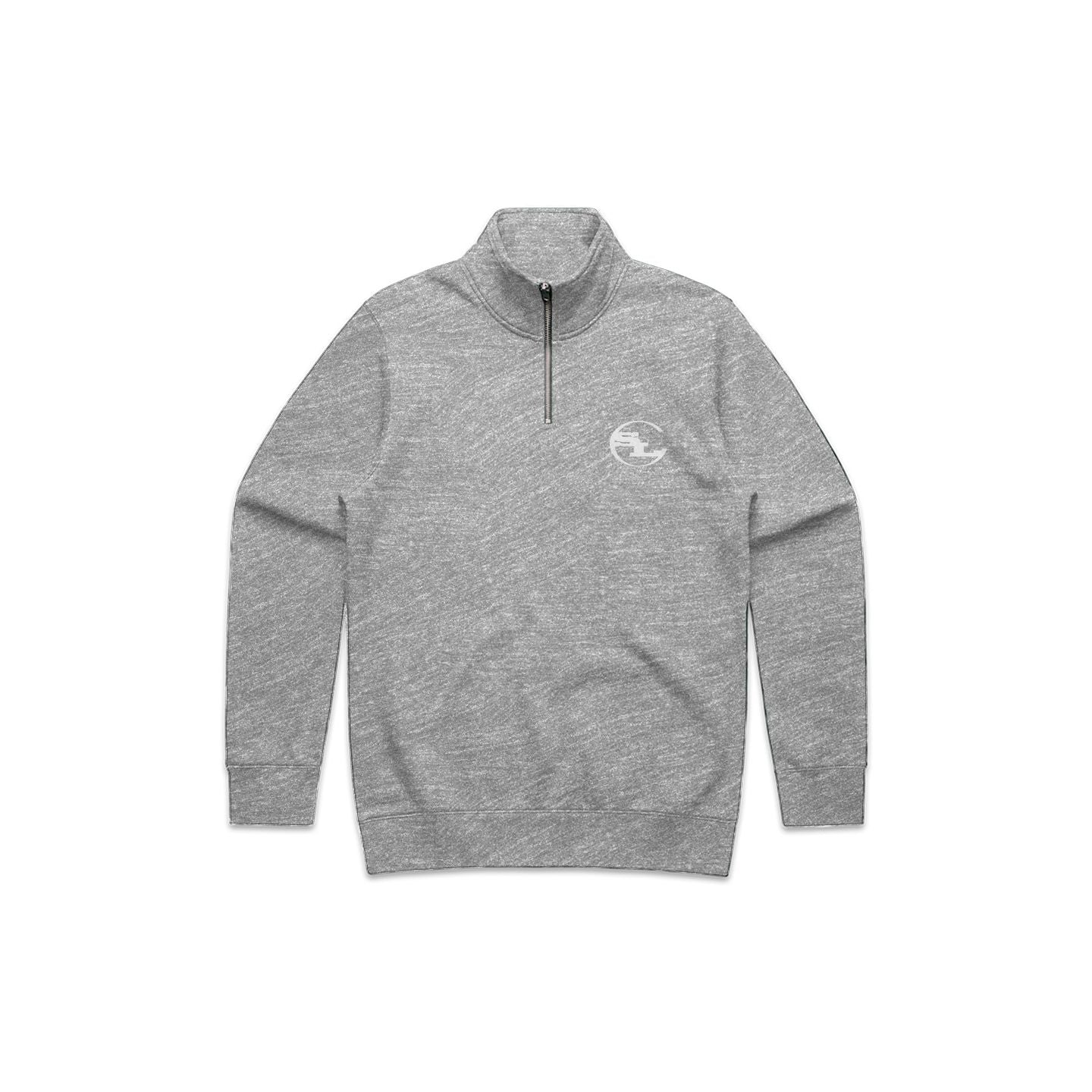 Gray pullover with a small logo on a white background