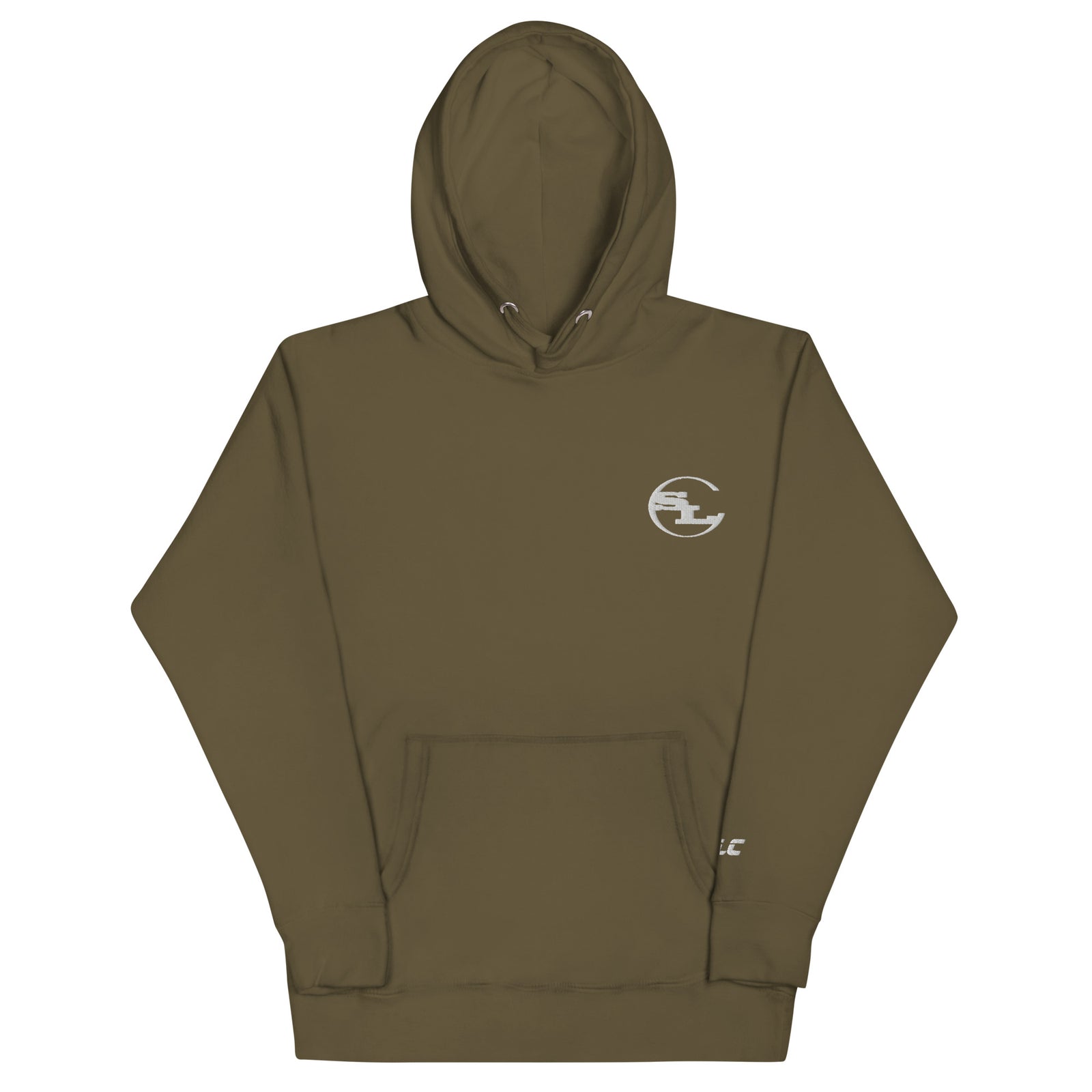 Premium Military Green fleece hooded sweatshirt featuring the SLC OG logo and matching drawstrings