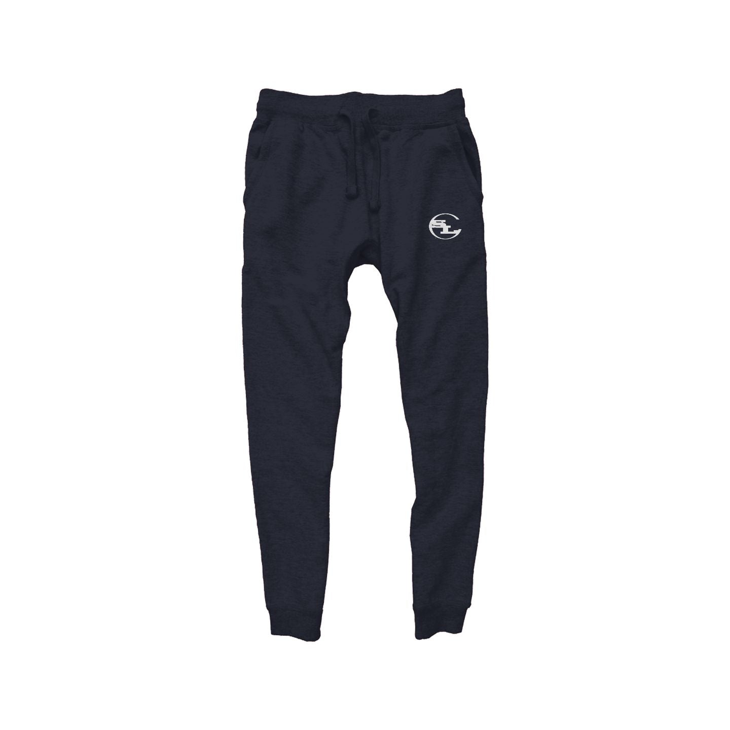 A pair of navy blue joggers from Something Light Clothing. The design features an adjustable drawstring waistband, side pockets, and ribbed ankle cuffs. A white circular "SLC" monogram logo is printed on the upper left thigh.
