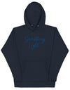 Front view of a navy blue SLC premium ladies hooded sweatshirt featuring a kangaroo pocket and matching drawstrings