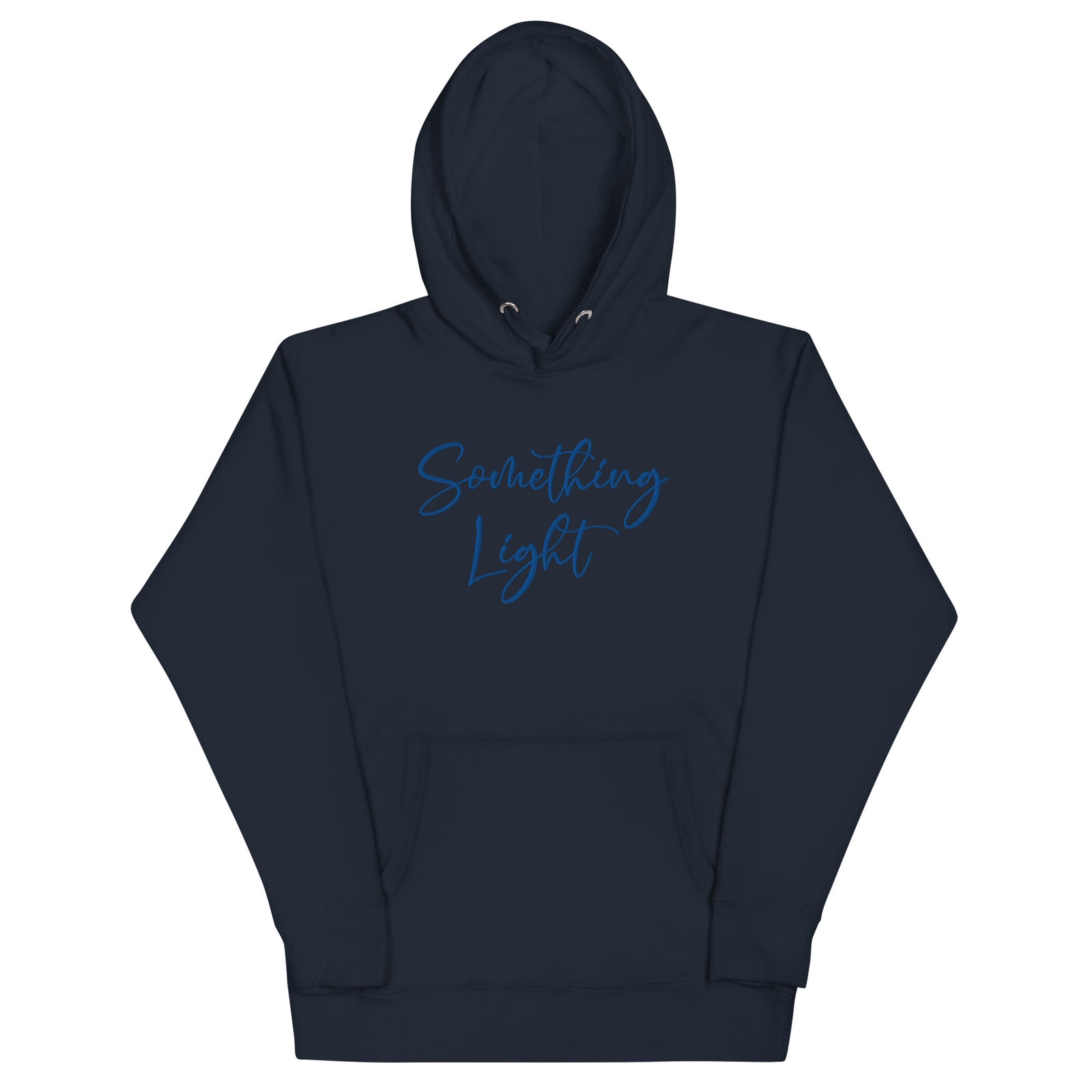 Front view of a navy blue SLC premium ladies hooded sweatshirt featuring a kangaroo pocket and matching drawstrings
