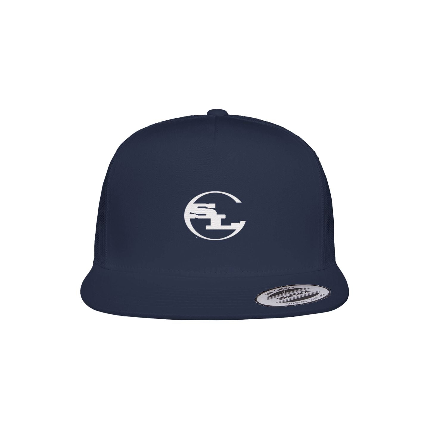 A deep navy blue 5-panel trucker cap with a white embroidered SLC™ monogram and matching navy mesh panel