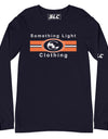A navy blue long-sleeve t-shirt with a "Something Light Clothing" graphic on the front. The chest design features white typography above and below three horizontal orange and white stripes. A central circular "SLC" crest sits in the middle of the stripes. The shirt includes a white "SLC" logo on the left sleeve and a branded "SLC" neck label.