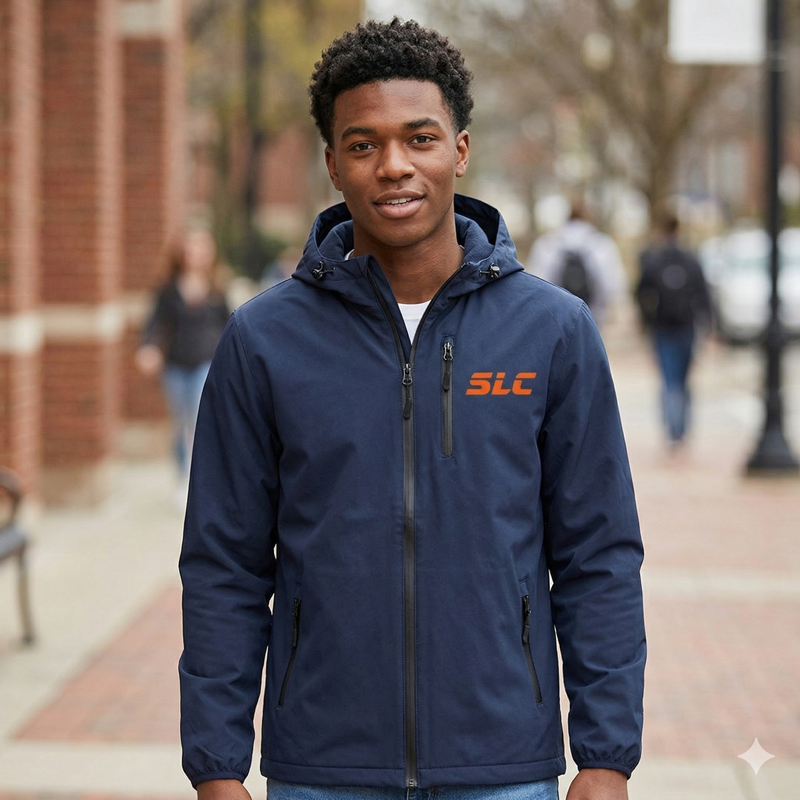 Navy SLC™ Poly-Tech Soft Shell Jacket by Something Light Clothing, showing a lightweight, water-resistant men's jacket with a full zip.