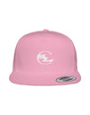 A vibrant pink 5-panel classic trucker cap featuring a breathable mesh back and a structured front panel. Centered on the front is a white embroidered SLC circular monogram. The hat includes a matching pink flat brim and an authentic silver Yupoong snapback seal.
