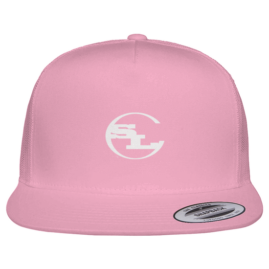 A vibrant pink 5-panel classic trucker cap featuring a breathable mesh back and a structured front panel. Centered on the front is a white embroidered SLC circular monogram. The hat includes a matching pink flat brim and an authentic silver Yupoong snapback seal.