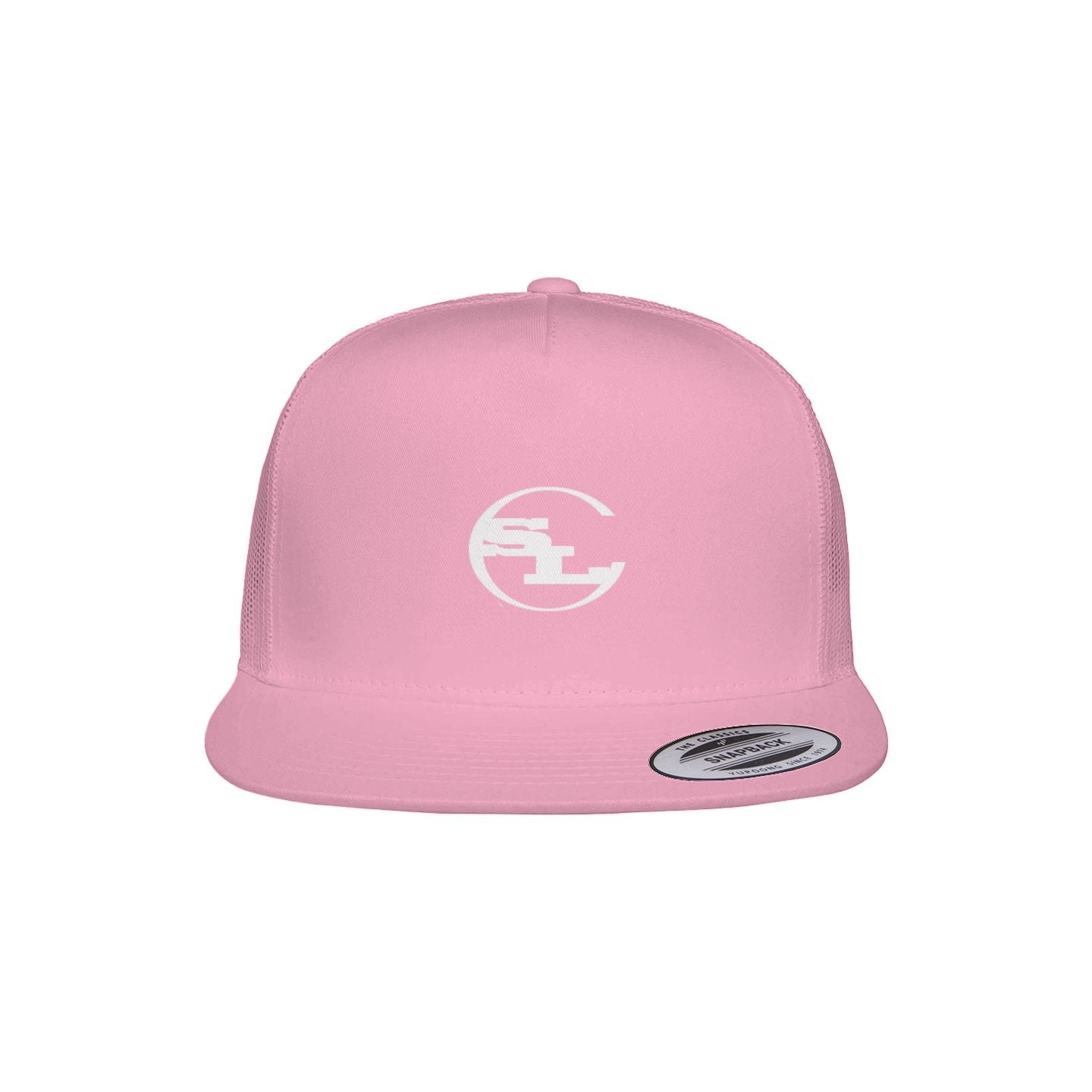 A vibrant pink 5-panel classic trucker cap featuring a breathable mesh back and a structured front panel. Centered on the front is a white embroidered SLC circular monogram. The hat includes a matching pink flat brim and an authentic silver Yupoong snapback seal.