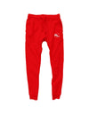 A pair of vibrant red joggers by Something Light Clothing. The pants feature a drawstring waistband and ribbed ankle cuffs. A white circular "SLC" monogram logo is printed on the upper left thigh.