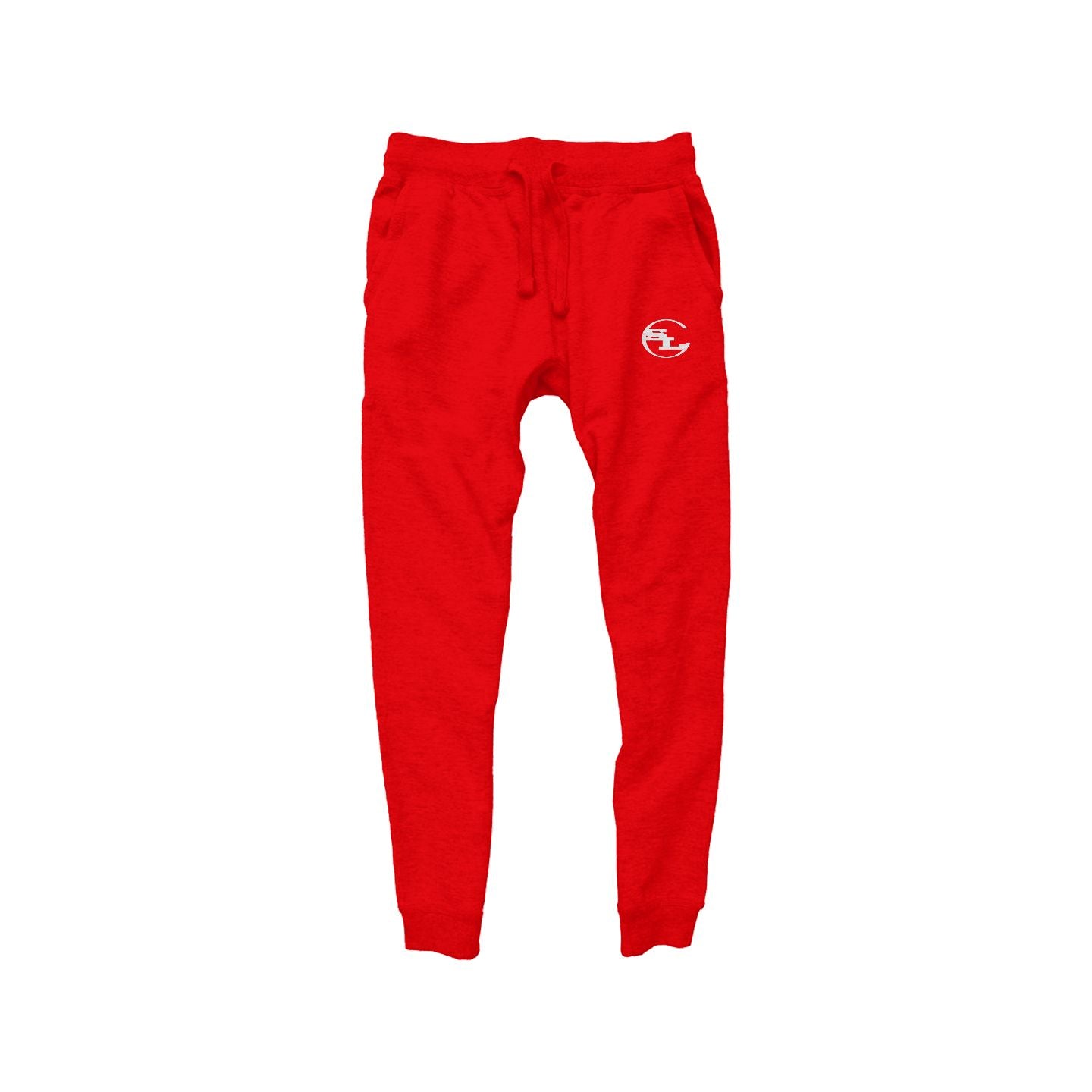 A pair of vibrant red joggers by Something Light Clothing. The pants feature a drawstring waistband and ribbed ankle cuffs. A white circular "SLC" monogram logo is printed on the upper left thigh.