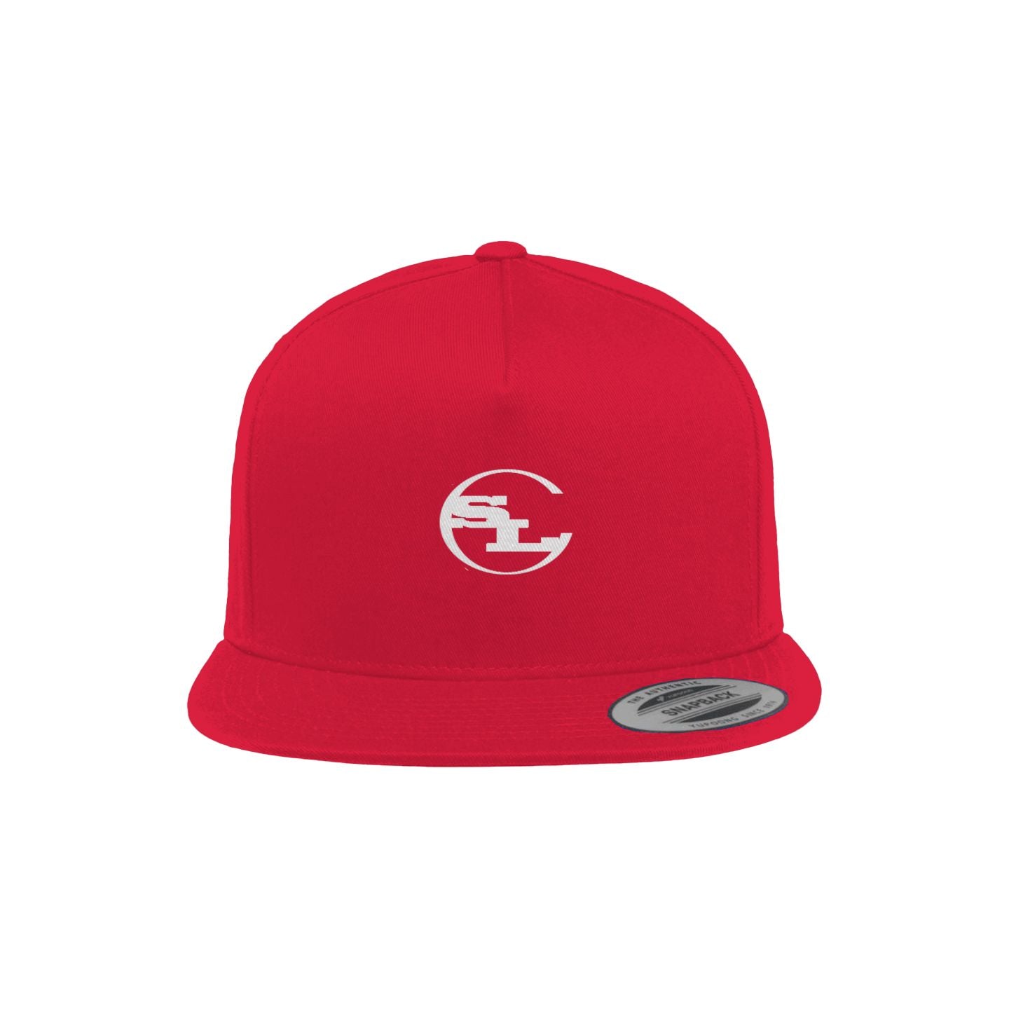 A red flat-brim snapback hat by Something Light Clothing. The front features a centered, white embroidered circular "SLC" monogram logo. An authentic "The Authentic Yupoong Snapback" silver sticker is visible on the top of the brim.