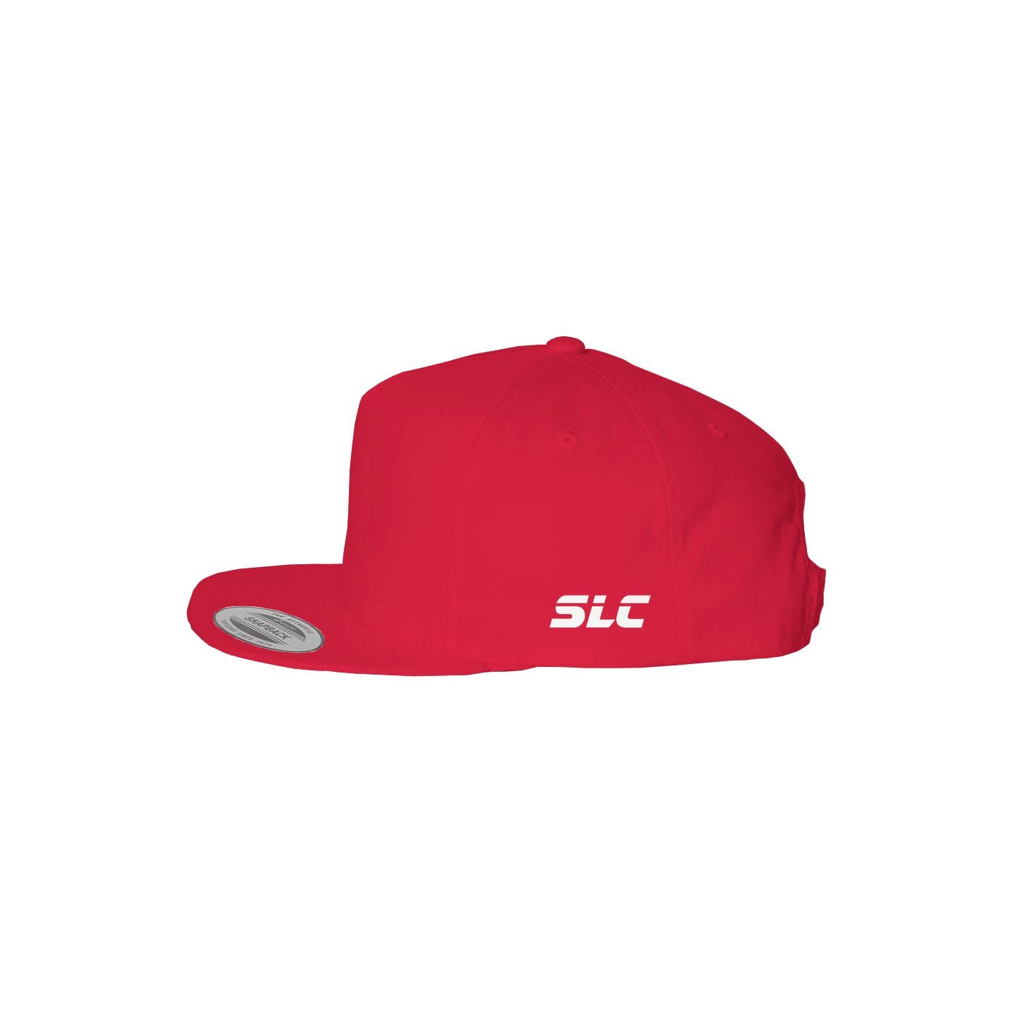 A red flat-brim snapback hat by Something Light Clothing. The front features a centered, white embroidered circular "SLC" monogram logo. An authentic "The Authentic Yupoong Snapback" silver sticker is visible on the top of the brim.