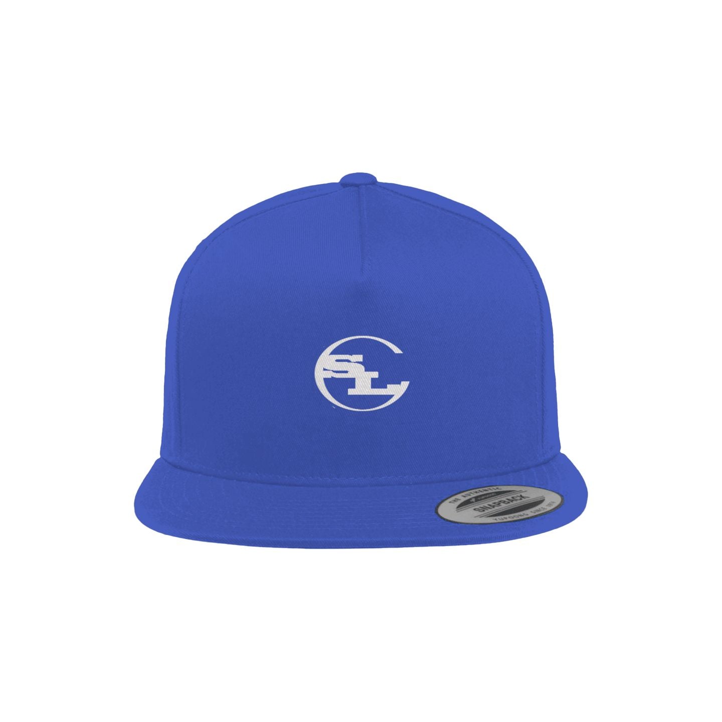 A royal blue flat-brim snapback hat by Something Light Clothing. The front features a centered, white embroidered circular "SLC" monogram logo. An authentic "The Authentic Yupoong Snapback" silver sticker is visible on the top of the brim.