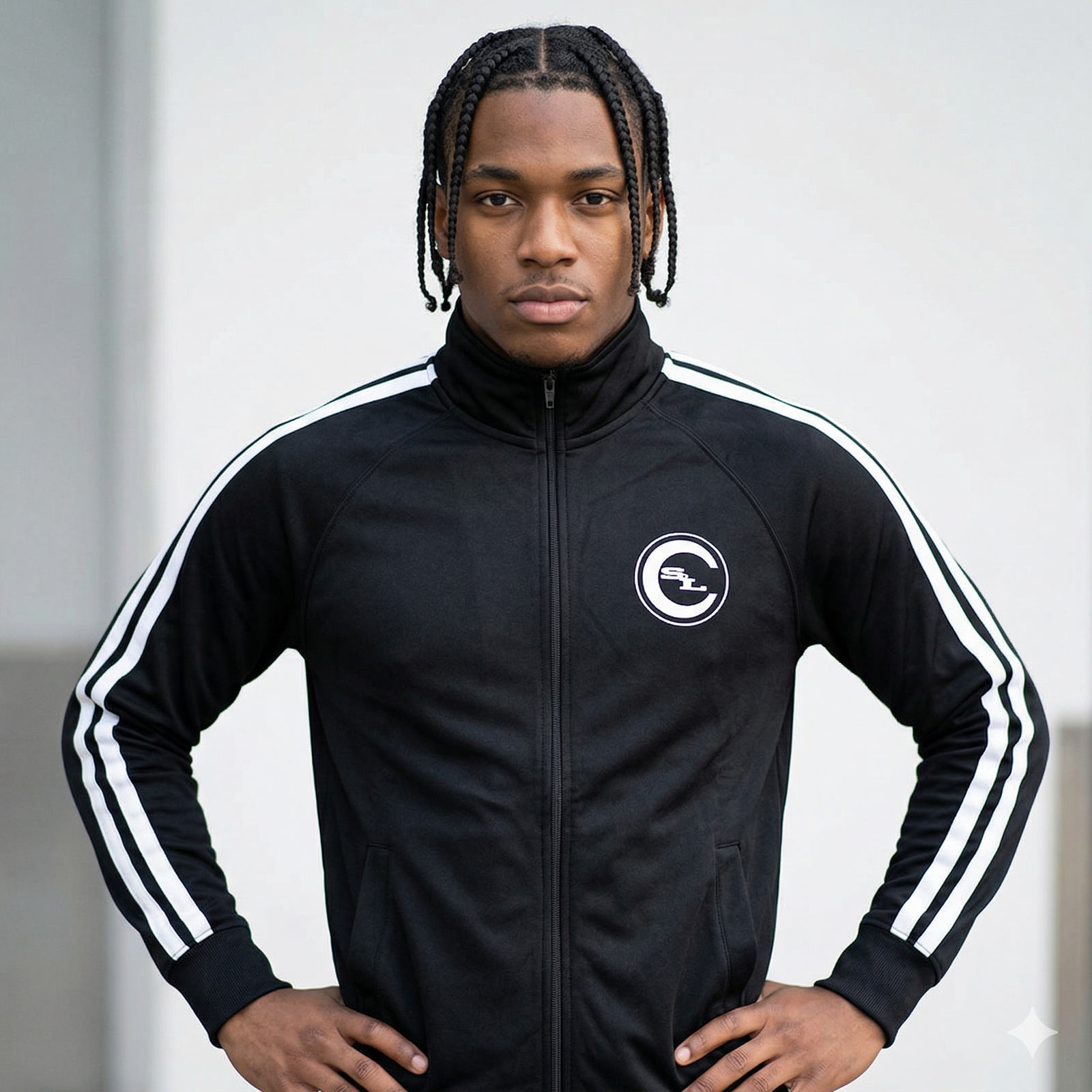 Black SLC™ Track Jacket from Something Light Clothing featuring a sporty design and zip-up front.