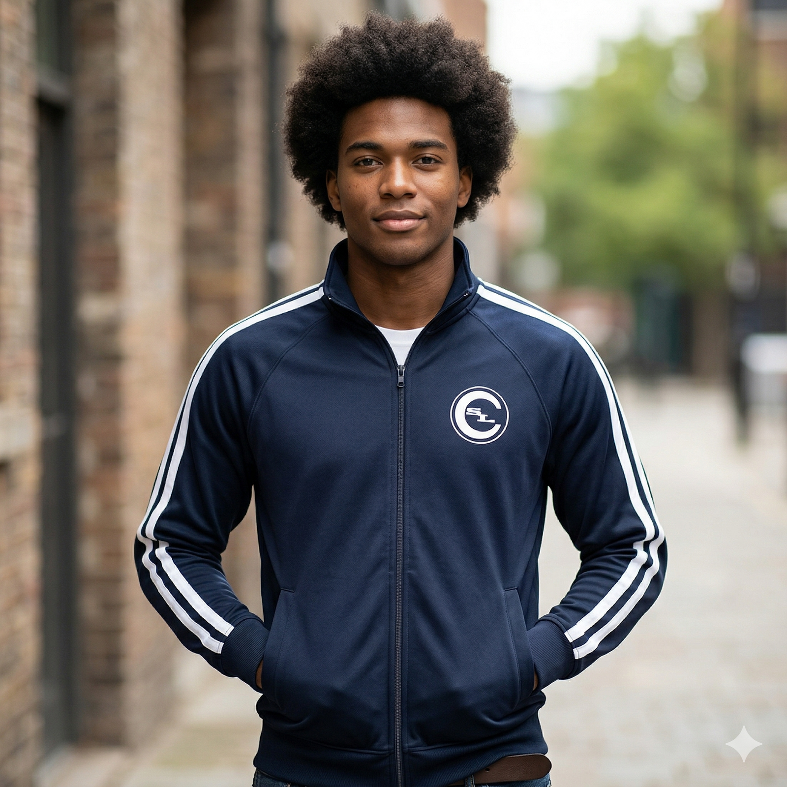 Classic navy SLC™ Track Jacket by Something Light Clothing, featuring a sleek design and comfortable fit.