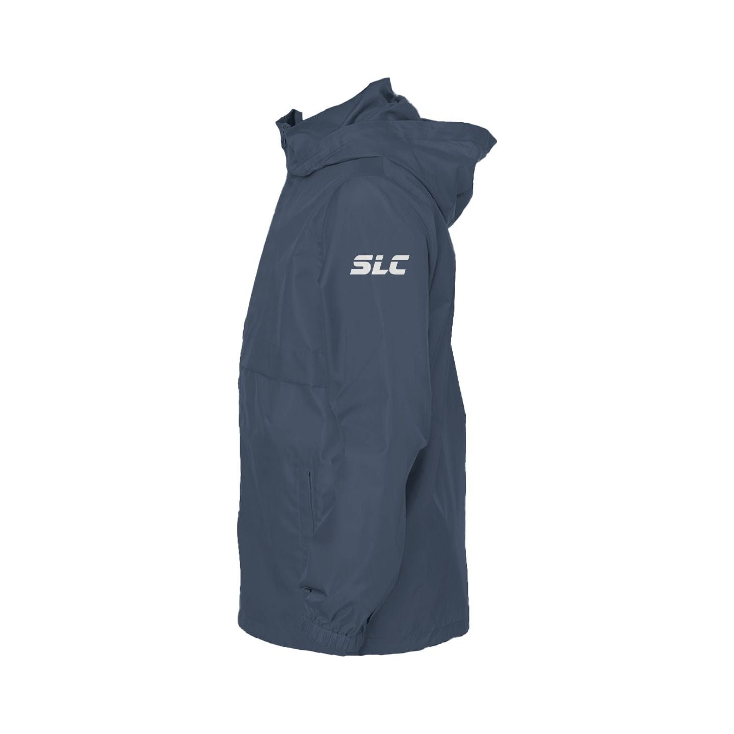 Side view of the dark navy SLC™ Youth Jacket by Something Light Clothing, featuring a sporty design and lightweight material.