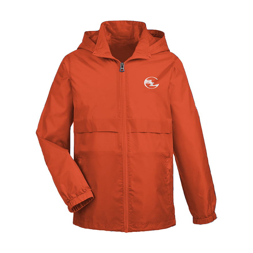 Bright orange SLC™ Youth jacket by Something Light Clothing, showing a sporty outdoor jacket with a front zipper and hood.