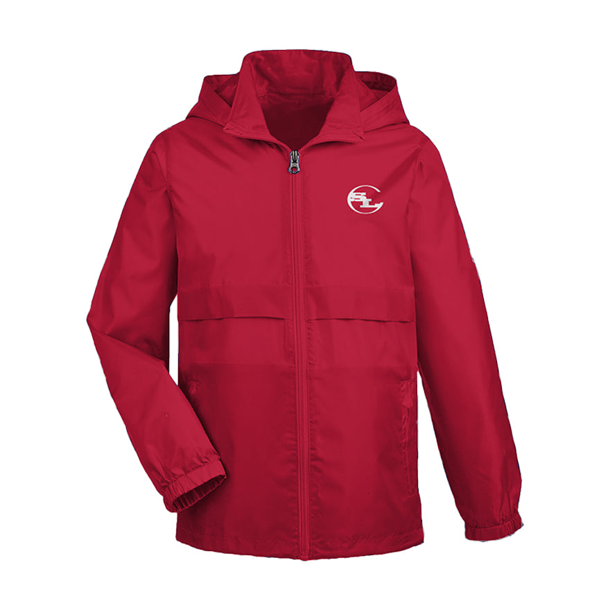 Red SLC™ Youth Jacket by Something Light Clothing, showcasing a sporty design with a zip-up front and adjustable hood.