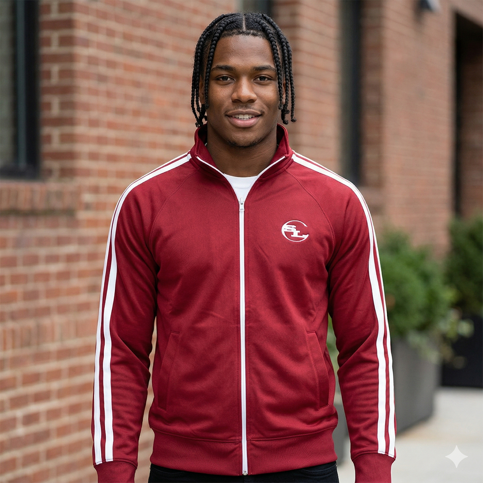 Black SLC™ OG Logo track jacket with hood, featuring logo embroidery on the chest, made by Something Light Clothing.