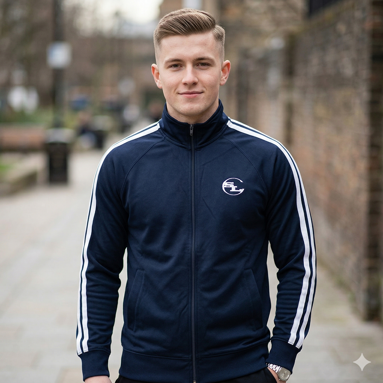 Navy SLC™ OG Logo Track Jacket hoodie from Something Light Clothing, featuring a front logo and sporty design.