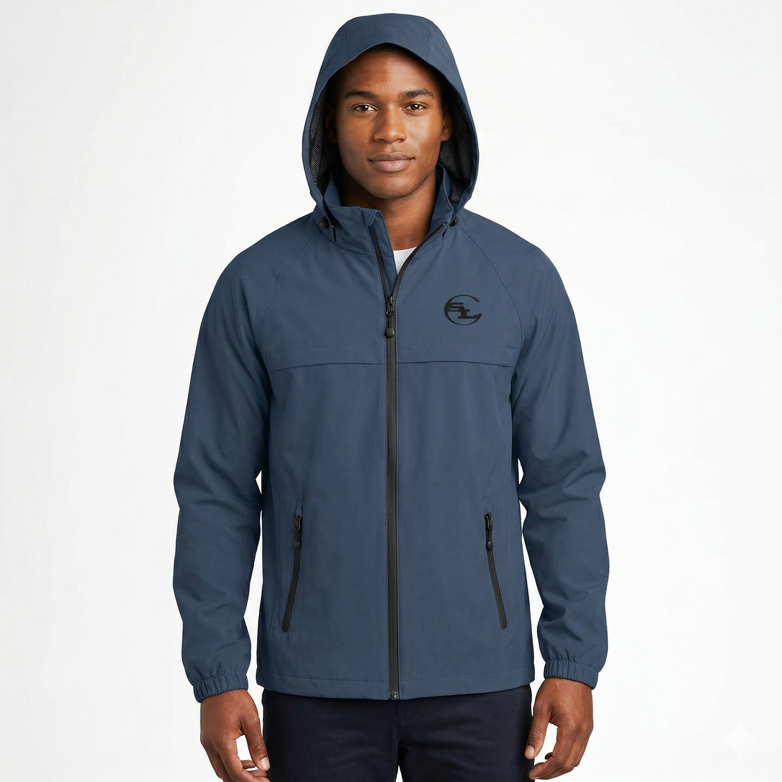 Light blue SLC™ Waterproof Jacket by Something Light Clothing, showcasing the outdoor jacket with hood and waterproof fabric.