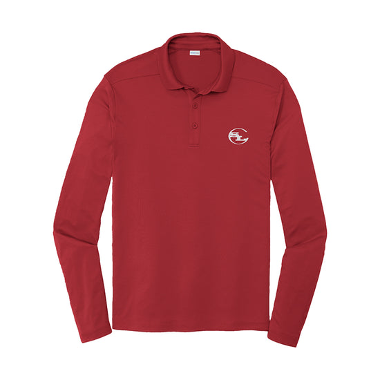 True red long sleeve polo shirt with SLC logo on the chest and a three-button placket