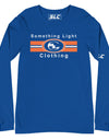 A bright royal blue long-sleeve t-shirt from Something Light Clothing. The chest features the "SLC" circular monogram centered over three horizontal orange and white stripes. The brand name "Something Light Clothing" is printed in white above and below the stripes. A white "SLC" logo is printed on the left sleeve, and a branded neck label is visible.