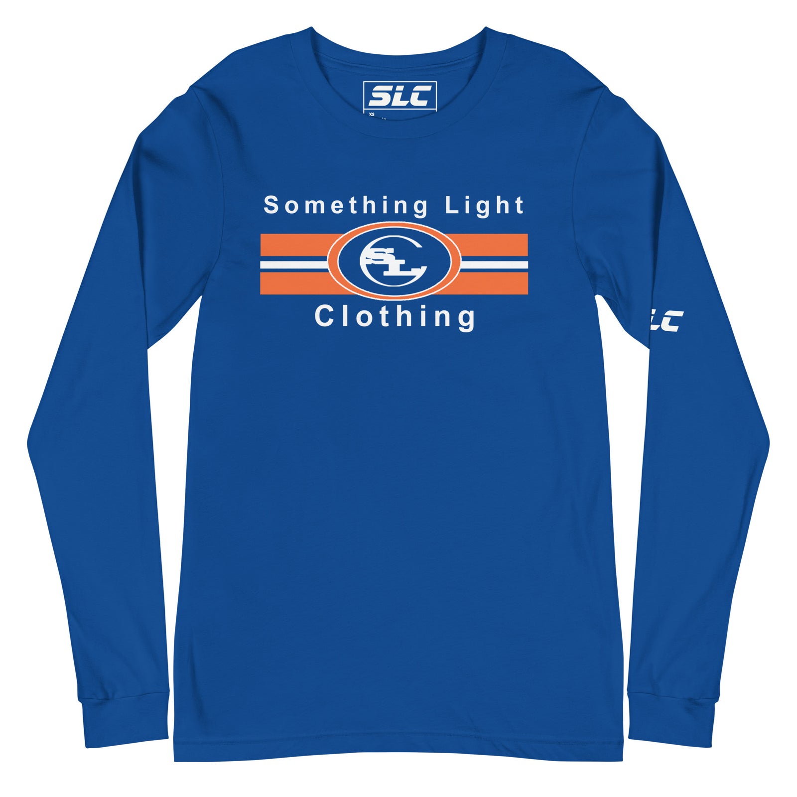 A bright royal blue long-sleeve t-shirt from Something Light Clothing. The chest features the "SLC" circular monogram centered over three horizontal orange and white stripes. The brand name "Something Light Clothing" is printed in white above and below the stripes. A white "SLC" logo is printed on the left sleeve, and a branded neck label is visible.