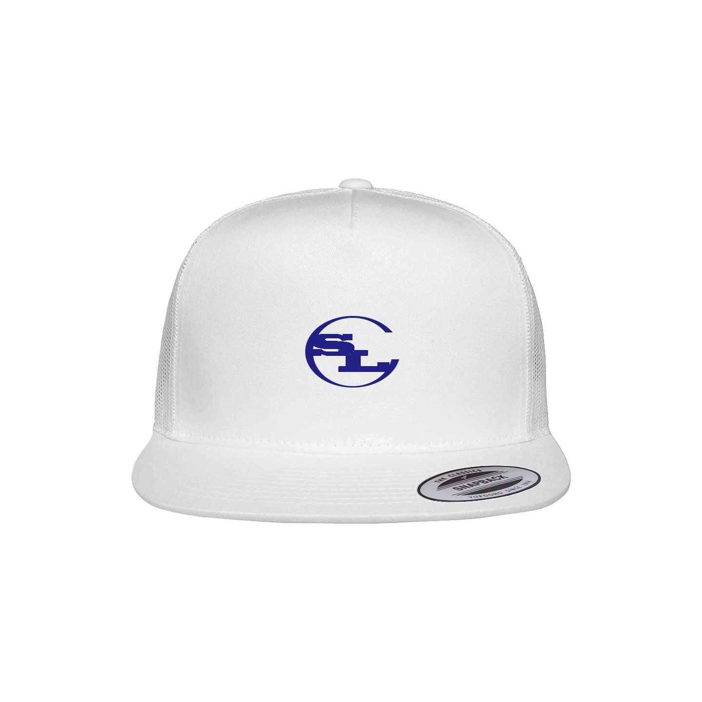 A crisp white 5-panel classic trucker cap from Something Light Clothing. The front features a structured panel with a white embroidered SLC™ monogram logo, a white mesh back, a flat brim, and an adjustable snapback closure.