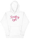 Front view of a white SLC premium ladies hooded sweatshirt featuring a kangaroo pocket and matching drawstrings