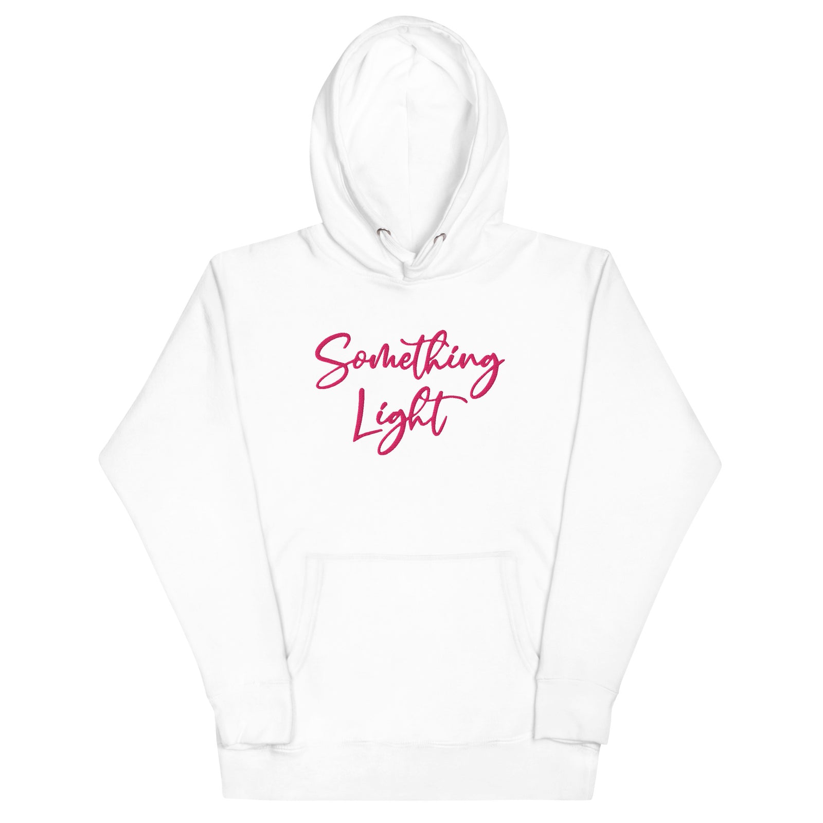 Front view of a white SLC premium ladies hooded sweatshirt featuring a kangaroo pocket and matching drawstrings