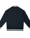 Black SLC™ Zip Bomber Jacket by Something Light Clothing with front zipper and ribbed cuffs, displayed on a hanger.